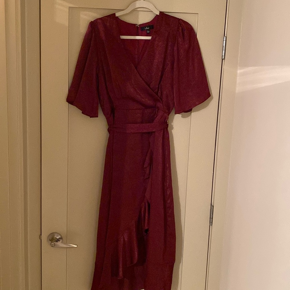 Lulu’s Wrapped Up In Love Burgundy Satin Faux-Wrap Midi Dress